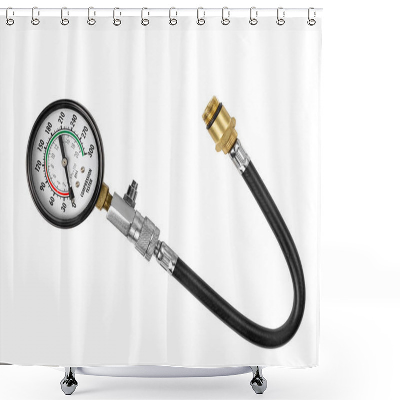 Personality  Engine Compression Gauge Isolated On White Background. Engine Compression Measurement. High Quality Photo Shower Curtains