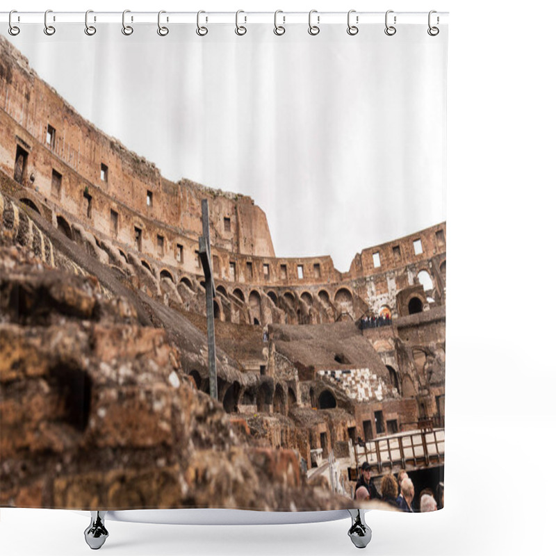 Personality  ROME, ITALY - JUNE 28, 2019: Ruins Of Colosseum And Crowd Of Tourists Under Grey Sky Shower Curtains