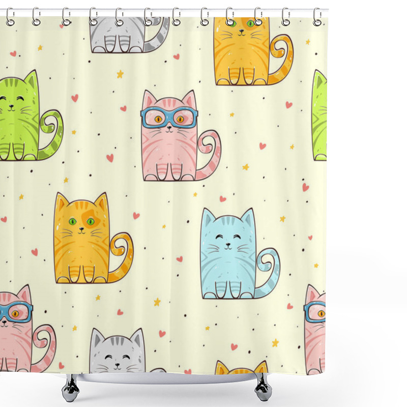 Personality  Seamless Background With Cute Cats, Hearts And Stars, Illustration. Shower Curtains