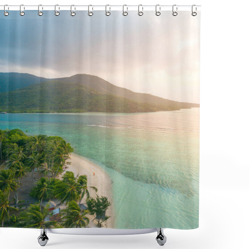 Personality  Aerial View On Tropical Beach With Blue Sea And Green Trees. Shower Curtains