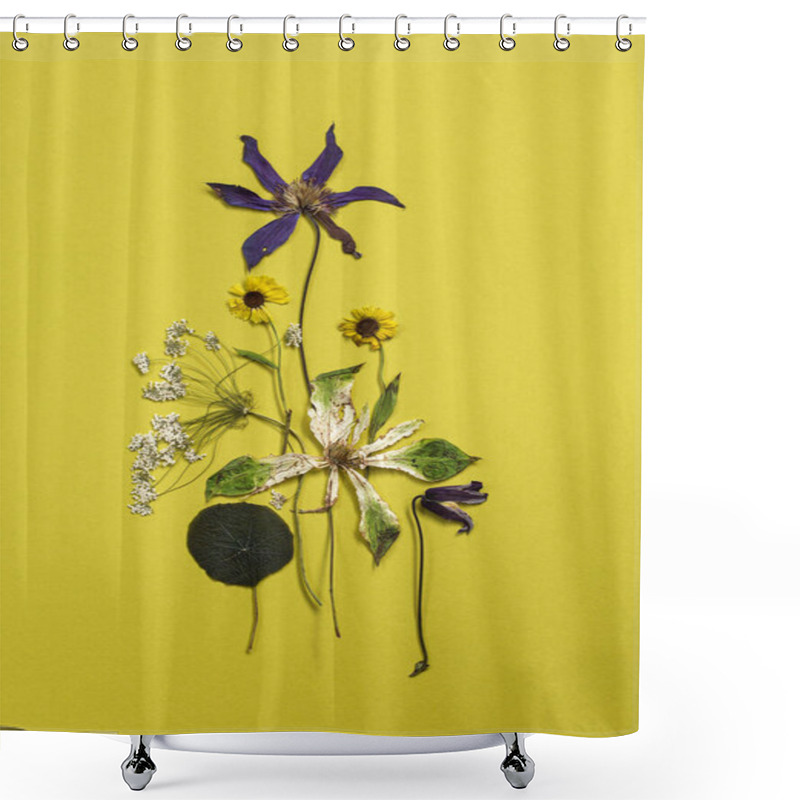 Personality  Different Dry Flowers On Yellow Paper Background Shower Curtains