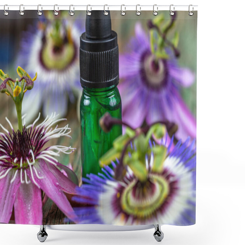 Personality  Passionflower Close-up With A Bottle Of Oil In The Center Shower Curtains