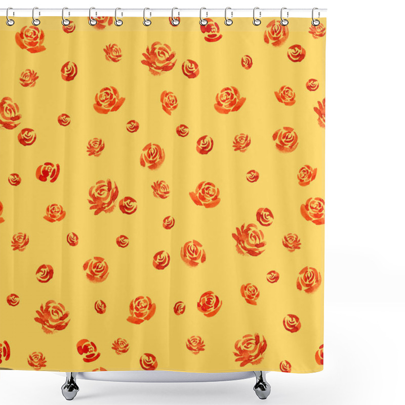 Personality  A Repeating Pattern Showcases Vibrant Orange Roses Scattered Across A Soft Yellow Background, Creating A Cheerful And Lively Design Perfect For Various Applications. Shower Curtains