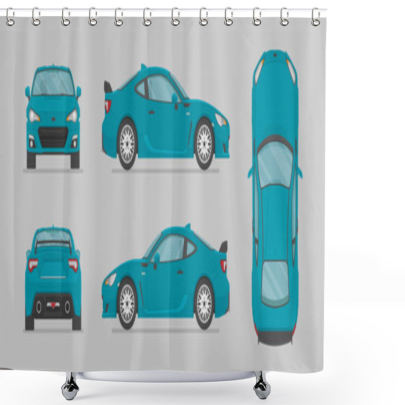 Personality  Vector Blue Sport Car. Side View, Front View, Back View, Top View. Cartoon Flat Illustration, Car For Graphic And Web Shower Curtains