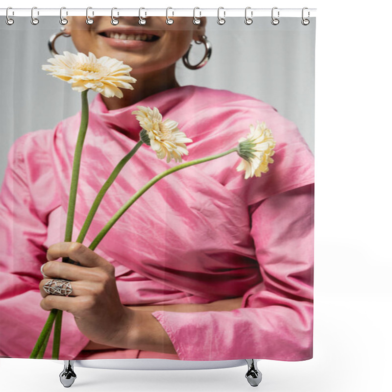 Personality  Cropped View Of Cheerful African American Woman In Pink Attire Holding Flowers On Grey Backdrop Shower Curtains