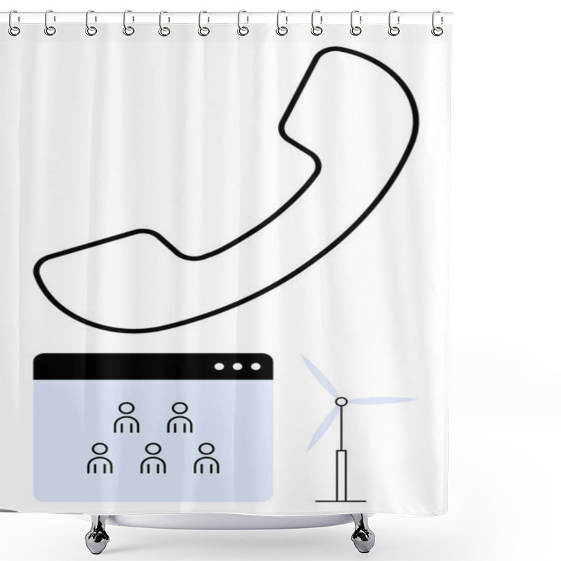 Personality  Phone Icon, Virtual Meeting Interface With Six User Icons, And Wind Turbine Graphic. Ideal For Technology, Collaboration, Communication, Remote Work, Sustainability, Innovation Abstract Line Flat Shower Curtains