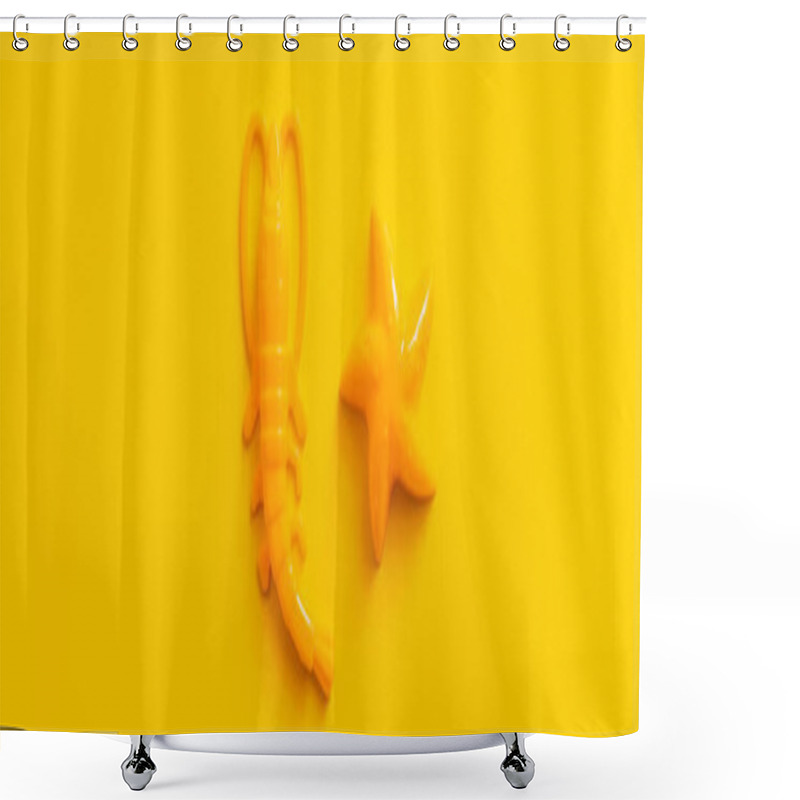 Personality  Top View Of Starfish And Shrimp Toys On Bright Yellow Background, Banner Shower Curtains