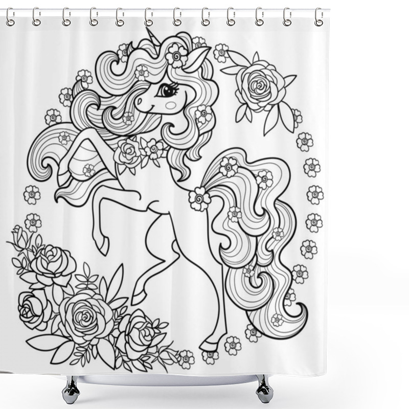 Personality  A Beautiful Unicorn With A Long Mane With Roses. Linear Black And White Drawing For Coloring. Vector Shower Curtains