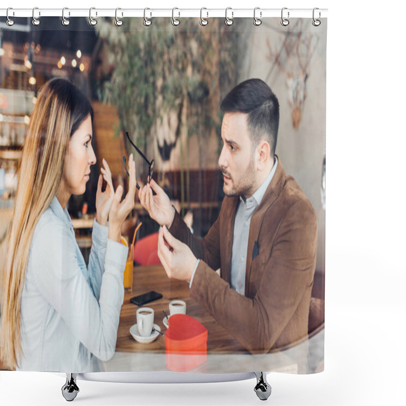 Personality  Young Couple Arguing While Sitting And Drinking Coffee In Restaurant Shower Curtains