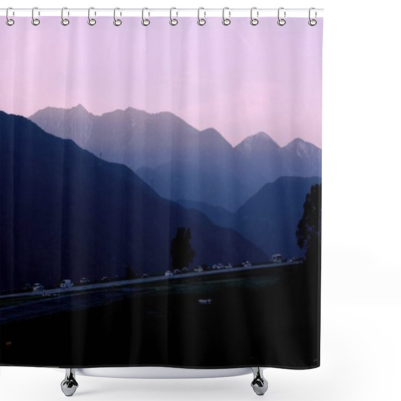 Personality  Silhouette Of The San Gabriel Mountains At Sunset In The Outskirts Of Los Angeles, California.  There Is A Calmness To This Picture, With Cars Travelling On The Open Country Roads Of America. Shower Curtains