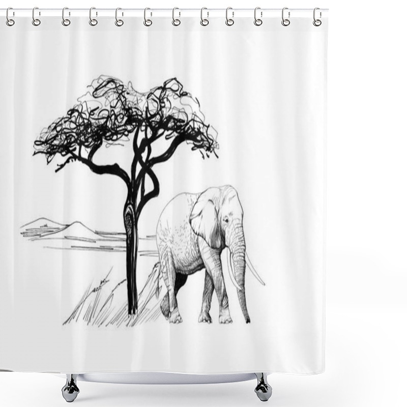 Personality  Elephant Near A Tree In Africa. Hand Drawn Illustration. Collection Of Hand Drawn Illustrations (originals, No Tracing) Shower Curtains