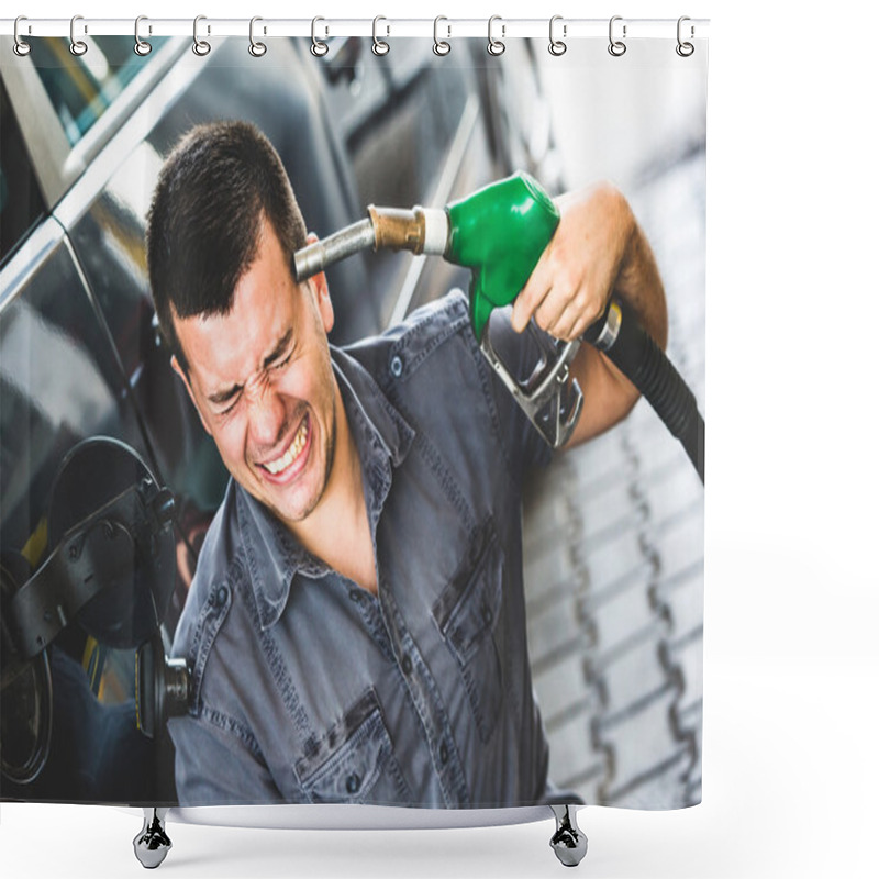 Personality  Desperate Man Using Fuel Pump As Gun Shower Curtains