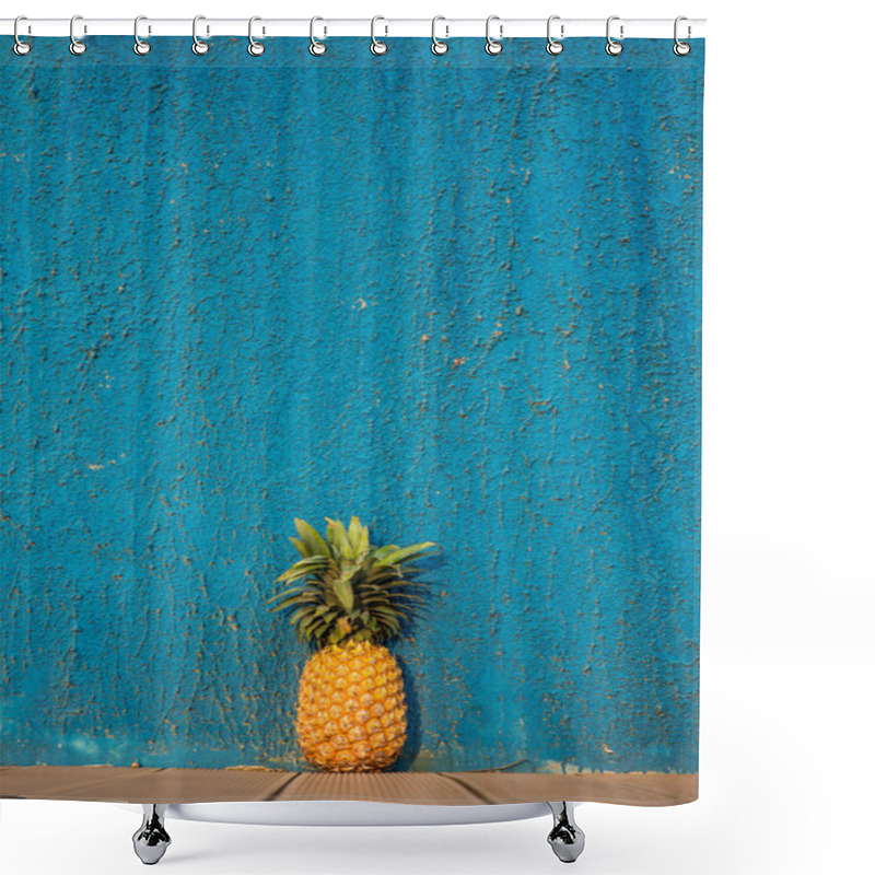 Personality  Pineapple In Front Of Blue Wall Shower Curtains