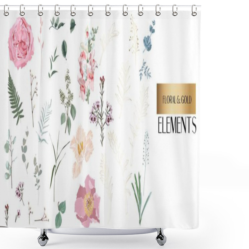 Personality  Set Of Floral Branch. Flower Pink Rose, Green Leaves, Golden Elements. Wedding Concept With Flowers. Floral Poster, Invite. Greeting Card Or Invitation Design Elements. Shower Curtains