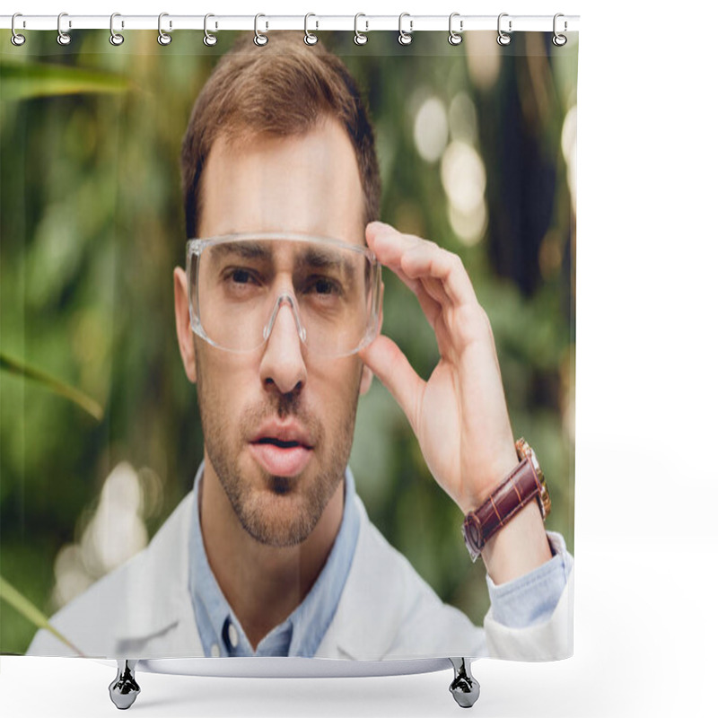 Personality  Thoughtful Scientist In White Coat And Goggles In Green Orangery Shower Curtains