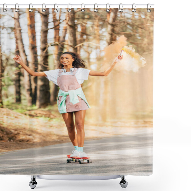 Personality  Full Length View Of Smiling African American Girl Skateboarding And Holding Orange Smoke Grenade On Road Shower Curtains