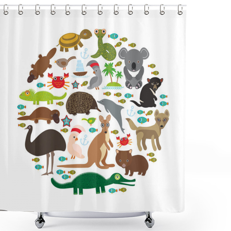 Personality  Animals Australia. Echidna Platypus Ostrich Emu Tasmanian Devil Cockatoo Parrot Wombat Snake Turtle Crocodile Kangaroo Dingo Octopus Fish. Vector Shower Curtains