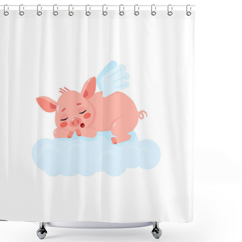 Personality  Cute Little Pig With Wings Sleeping On A Cloud. Cartoon Character. Vector Illustration Isolated On White Background. Shower Curtains