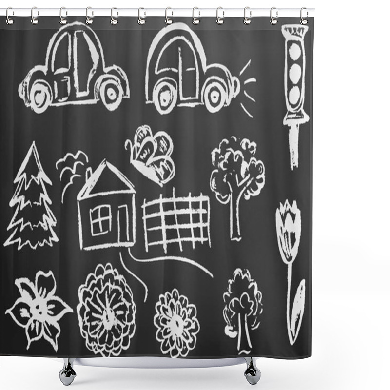 Personality  Child Drawing With White Chalk On A Black Board. Design Elements Of Packaging, Postcards, Wraps, Covers. Sweet Children's Creativity. Cars, Traffic Light, Tree, Tree, Butterfly, House, Fence, Flowers, Tulip Shower Curtains