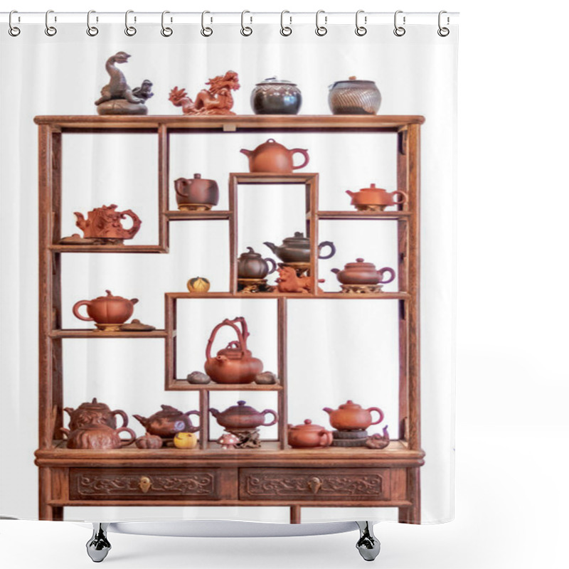 Personality  Wooden Shelf And Ceramic Teapots, Cups, And Other Attributes For A Traditional Tea Ceremony. Isolated On White Background. Shower Curtains