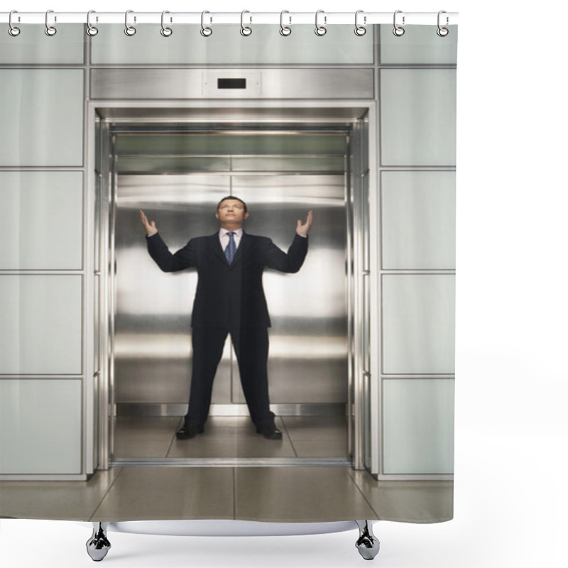 Personality  Businessman Arms Raised In Elevator Shower Curtains