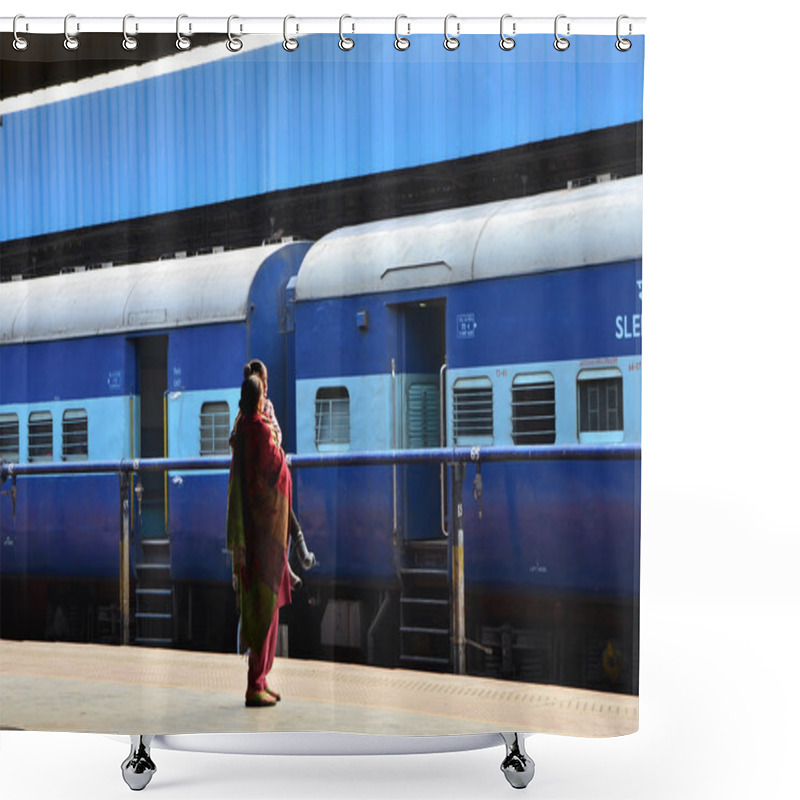 Personality  Jaipur, India - January 3, 2015: Passenger On Platforms At The Railway Station Of Jaipur Shower Curtains