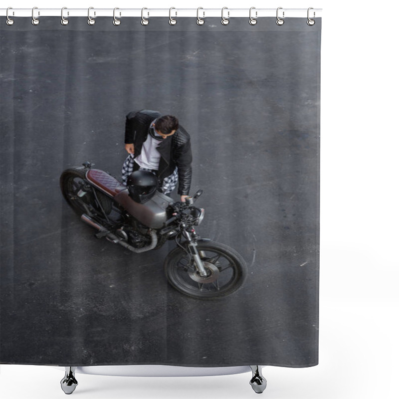 Personality  Top View To Brutal Man With Cafe Racer Custom Motorbike. Shower Curtains