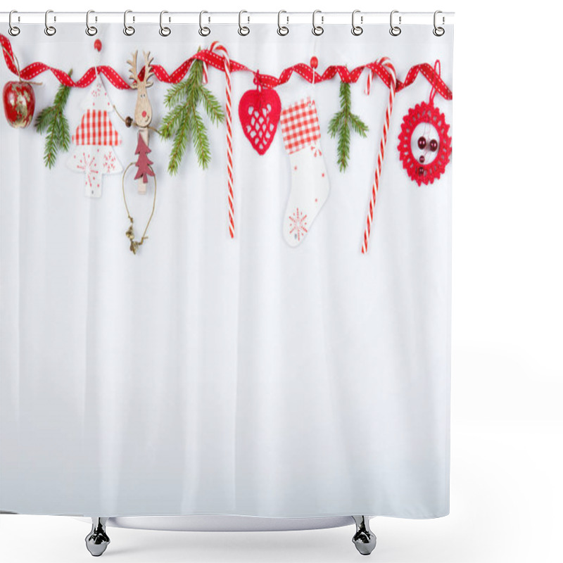 Personality  Christmas Holiday Composition. Festive Creative Red Pattern, Xmas Handmade Decor Holiday With Ribbon, Christmas Candy Canes, Gift, Christmas Tree And Red Decorations On White Background. Shower Curtains