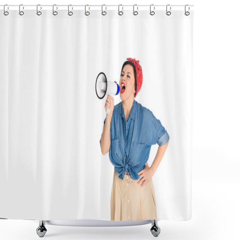 Personality  Emotional Pin Up Woman Standing With Hand On Waist And Yelling At Megaphone Isolated On White Shower Curtains