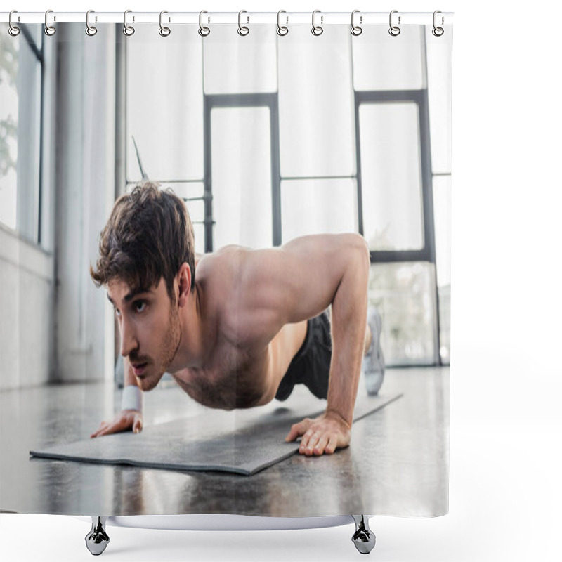 Personality  Shirtless Sportsman Doing Push Ups On Fitness Mat In Gym  Shower Curtains