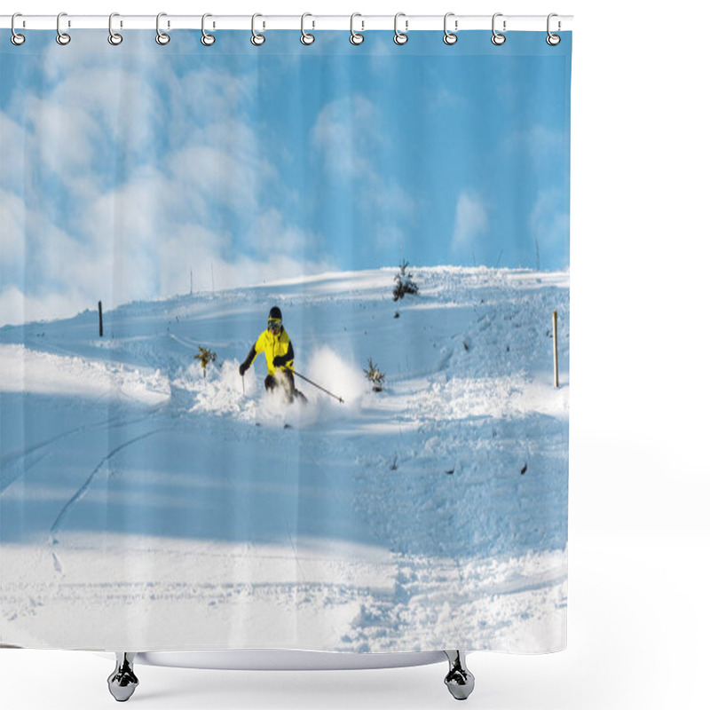 Personality  Sportsman In Helmet Holding Ski Sticks While Skiing On Slope Outside  Shower Curtains