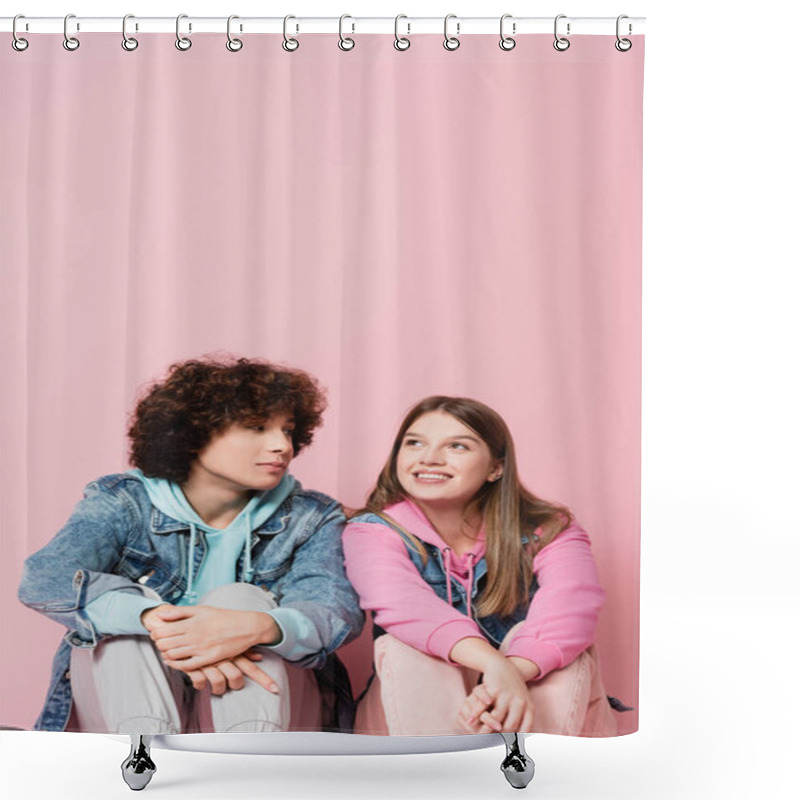 Personality  Curly Teenager Looking At Smiling Girlfriend On Pink Background Shower Curtains