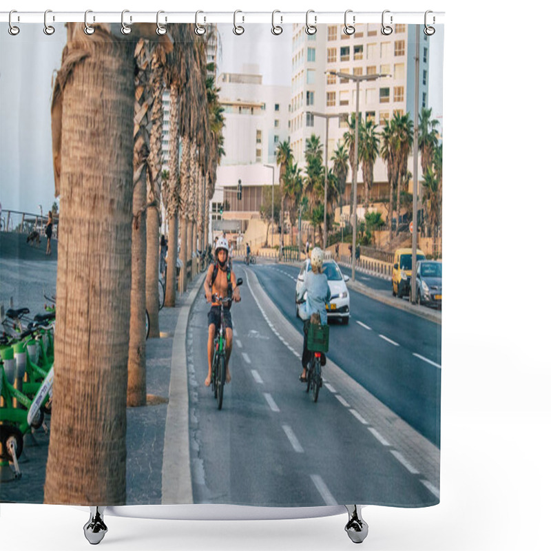 Personality  Tel Aviv Israel October 26, 2020 View Of An Unidentified People Rolling In The Streets Of Tel Aviv During Lockdown And Coronavirus Outbreak To Enforce Containment Of The Population In Israel Shower Curtains