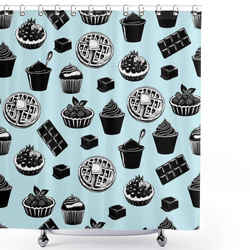 Personality  Seamless Pattern Of Desserts On Pink Background. Black And White Pastry Illustration With Pink. Stylish Food Illustration With Sweets And Pastries Shower Curtains