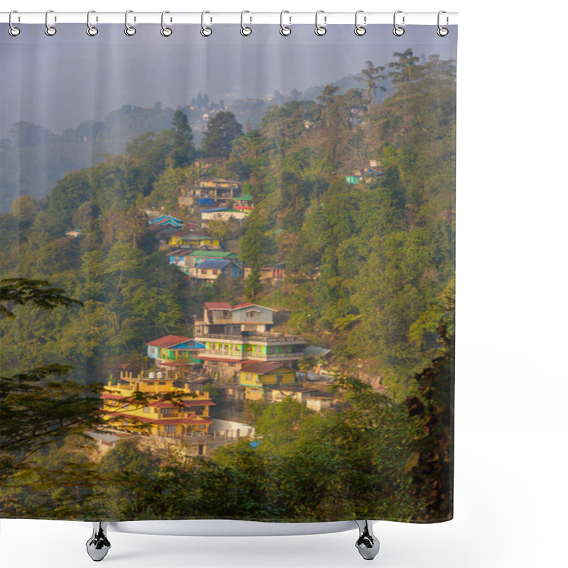 Personality  January 09,2024.Kurseong, West Bengal. India. Vertical View Of Hillside Buildings. Shower Curtains