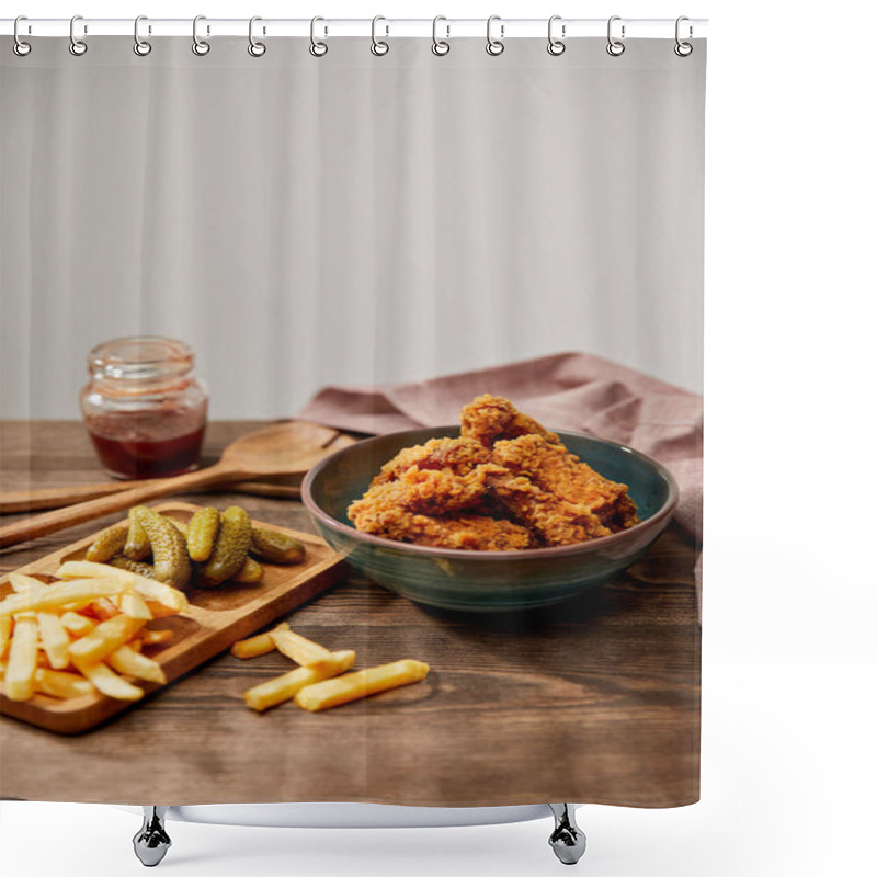 Personality  Delicious Chicken Nuggets, French Fries And Gherkins On Wooden Table Isolated On Grey Shower Curtains