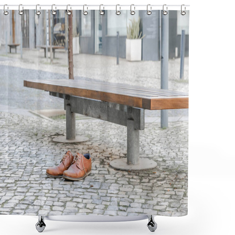 Personality  Brown Leather Shoes On A Cobblestone Pavement Next To A Bench In An Urban Setting. Shower Curtains