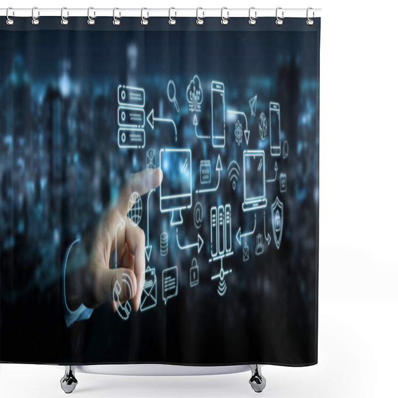 Personality  Businessman On Blurred Background Using Tech Devices And Icons Thin Line Interface Shower Curtains