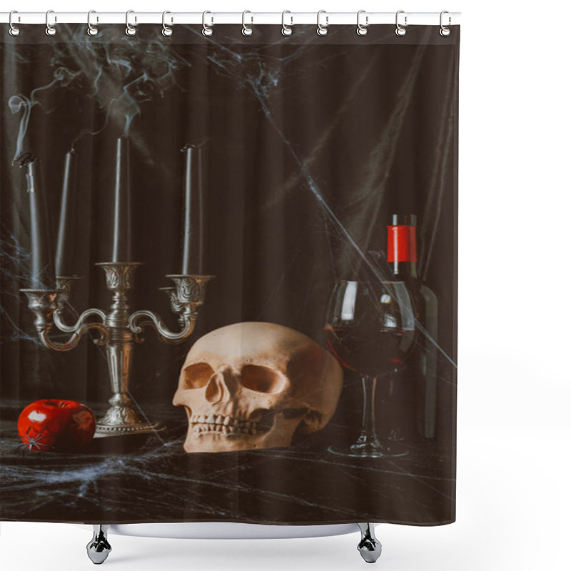 Personality  Skull, Apple, Red Wine And Candelabrum With Smoky Candles On Black Cloth With Spider Web Shower Curtains