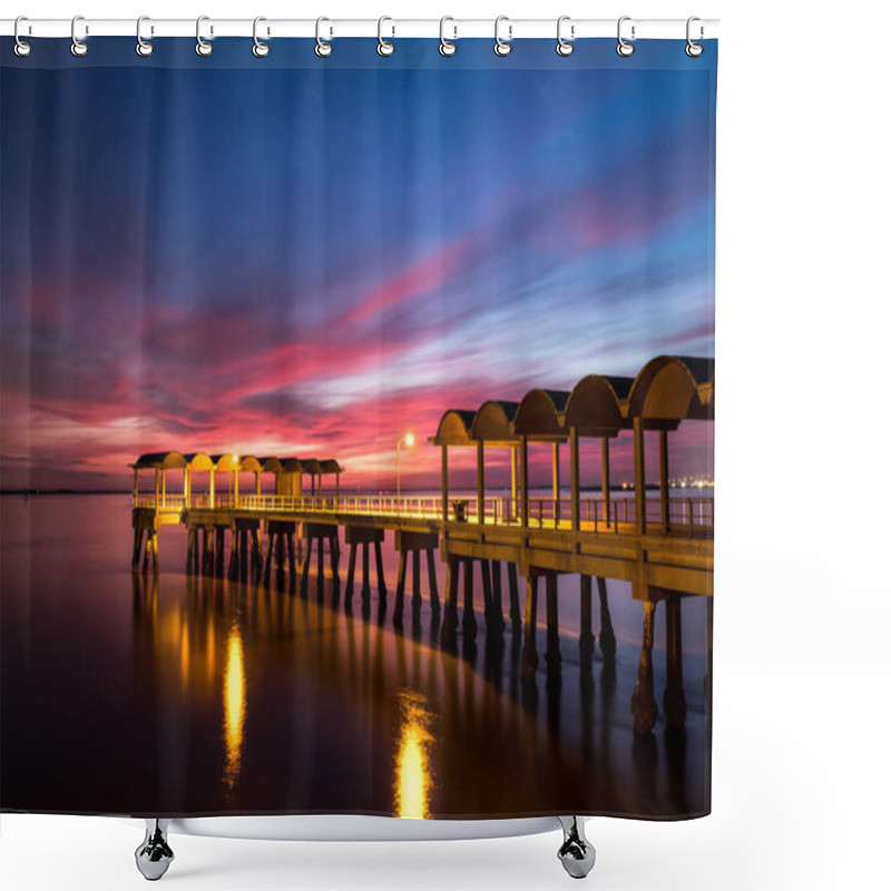 Personality  A Beautiful Ocean Dramatic Sunset And Fishing Pier At Jekyll Island In Coastal Georgia, USA. Shower Curtains