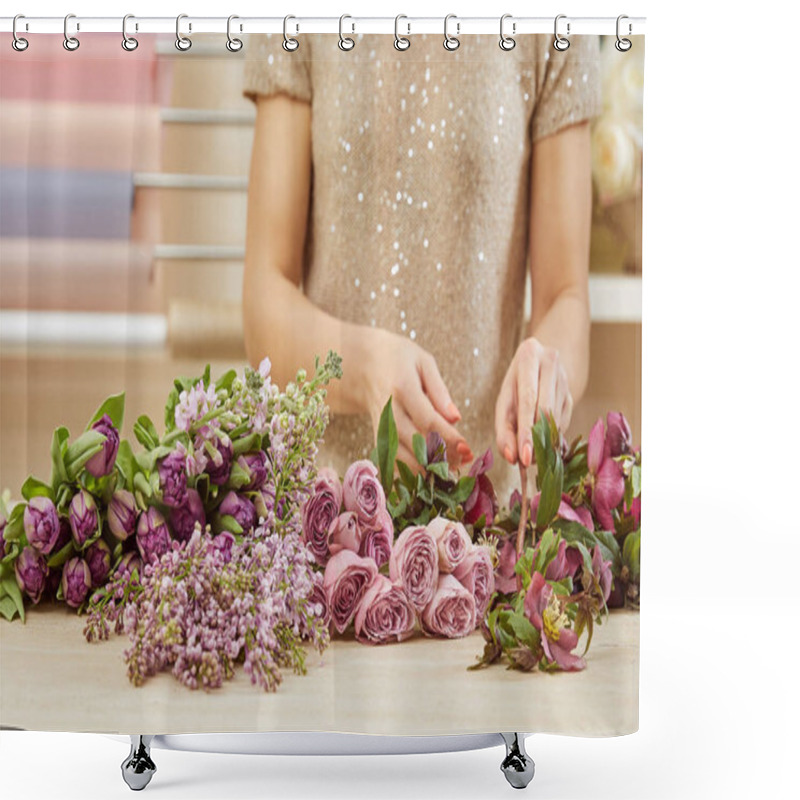 Personality  Cropped View Of Florist Making Bouquet Of Tulips, Peonies And Lilac Shower Curtains