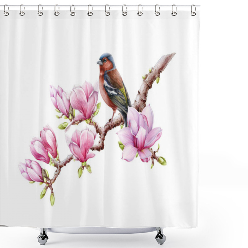 Personality  Watercolor Finch Bird On Blooming Magnolia Branch. Tender Spring Magnolia Flowers. Realistic Finch Bird On Tree Branch. White Background Shower Curtains