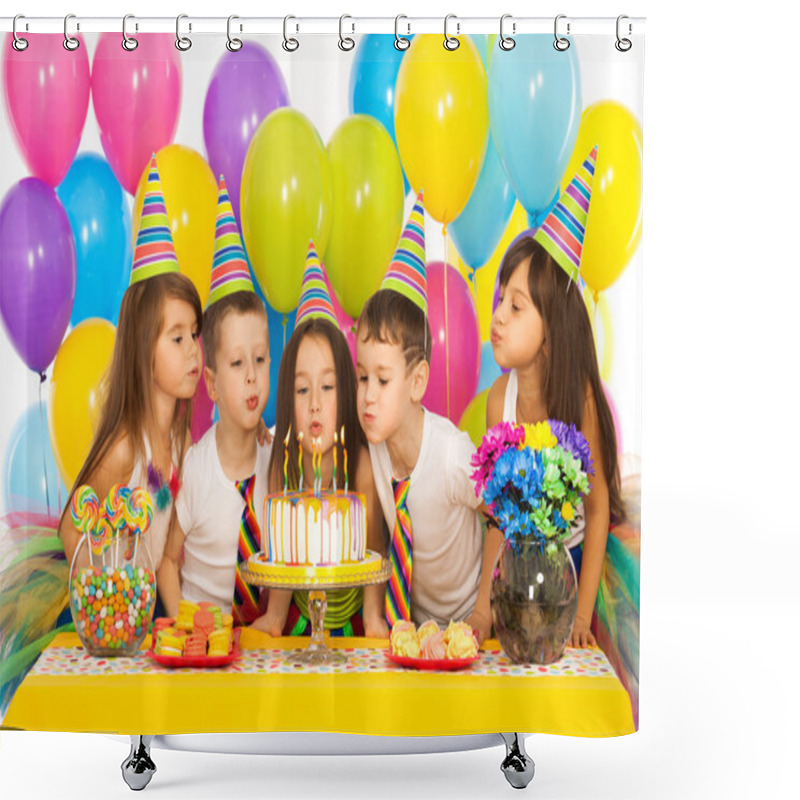 Personality  Kids Celebrating Birthday Party And Blowing Candles On Cake Shower Curtains