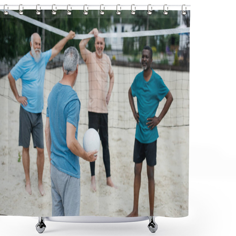 Personality  Multicultural Old Friends Playing Volleyball On Beach On Summer Day Shower Curtains