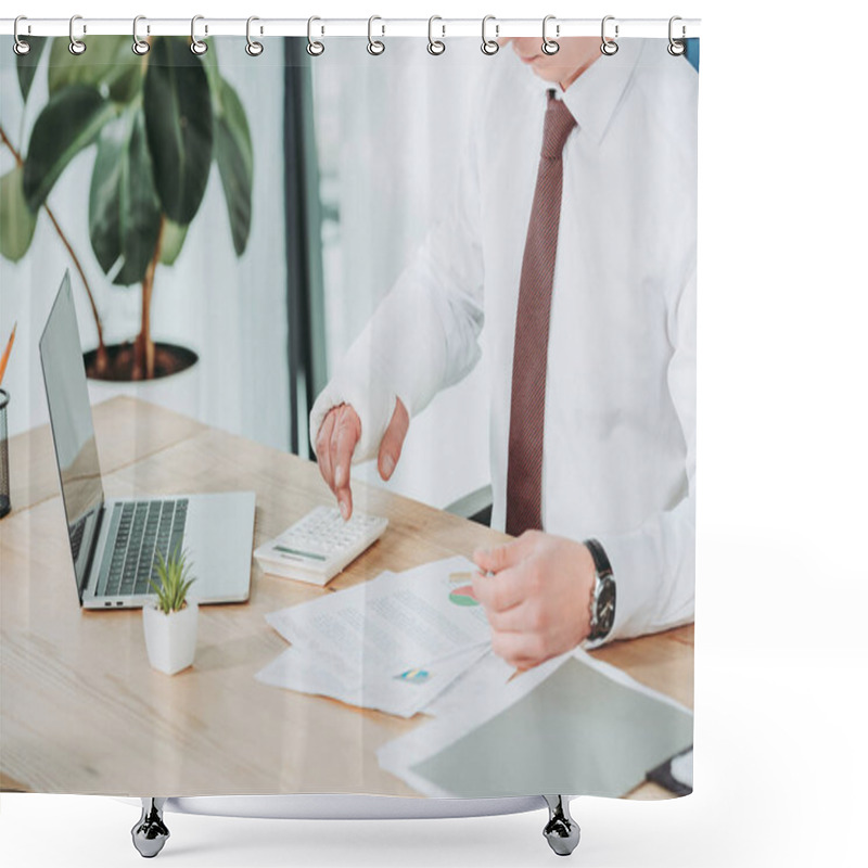 Personality  Cropped View Of Worker With Broken Arm In Gypsum Sitting At Table And Calculating In Office, Compensation Concept Shower Curtains