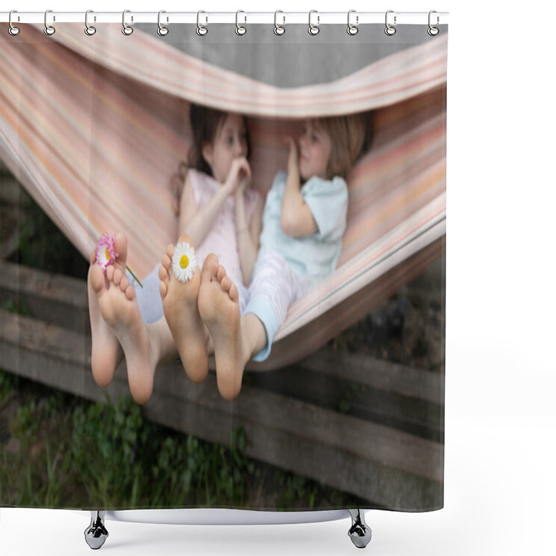 Personality  Two Barefoot Children, Brother And Sister, Resting Together Sitting In A Hammock. Summer Holidays With A Friend. Life Style. Chamomile Flowers Between The Toes Of Bare Feet. Have Fun, Enjoy Life Shower Curtains