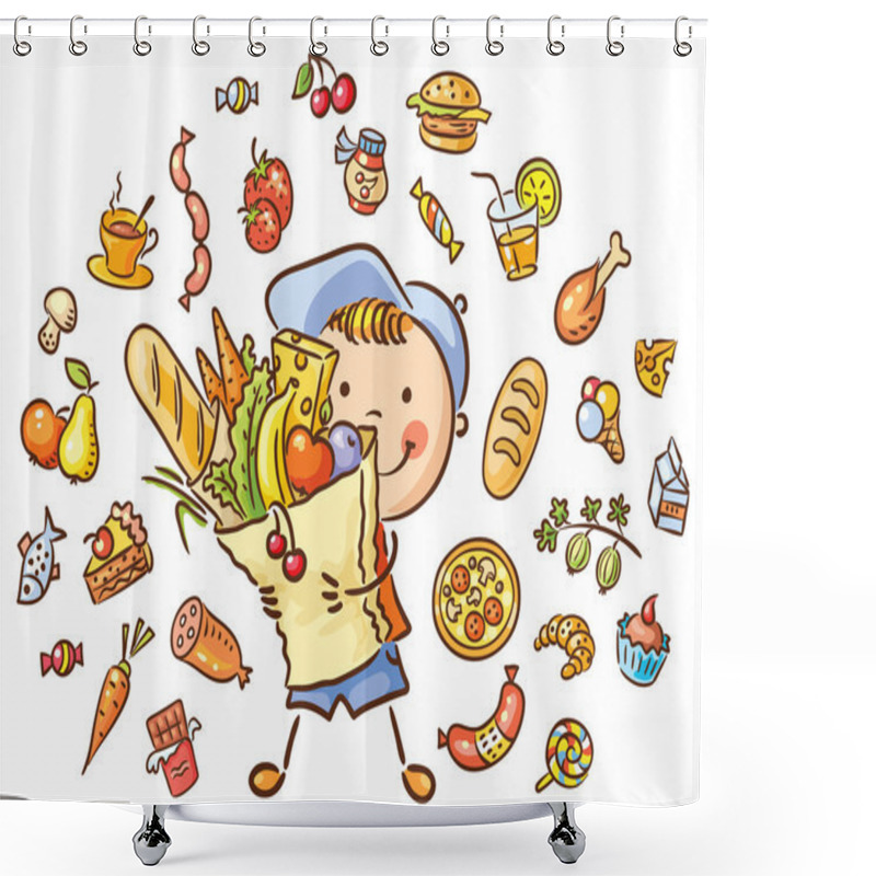 Personality  Child With A Big Bag Full Of Food And Isolated Food Set Shower Curtains