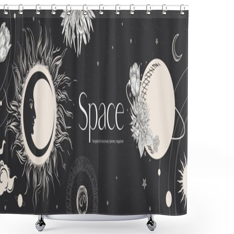 Personality  Space Background. Sun Face, Crescent Moon, Planets And Flowers. Shower Curtains