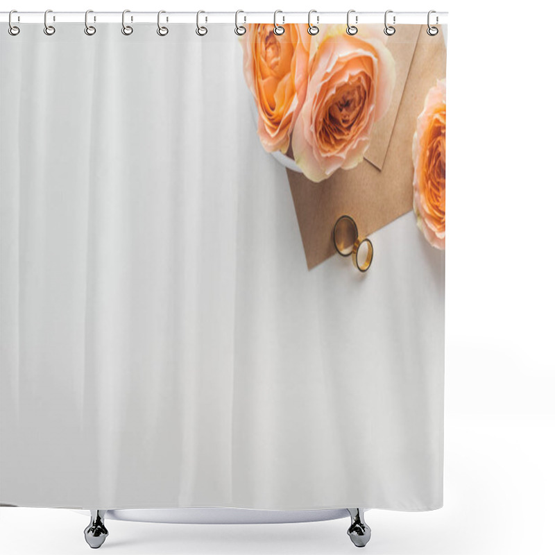 Personality  Top View Of Brown Envelope, Flowers And Golden Wedding Rings On Grey Background Shower Curtains