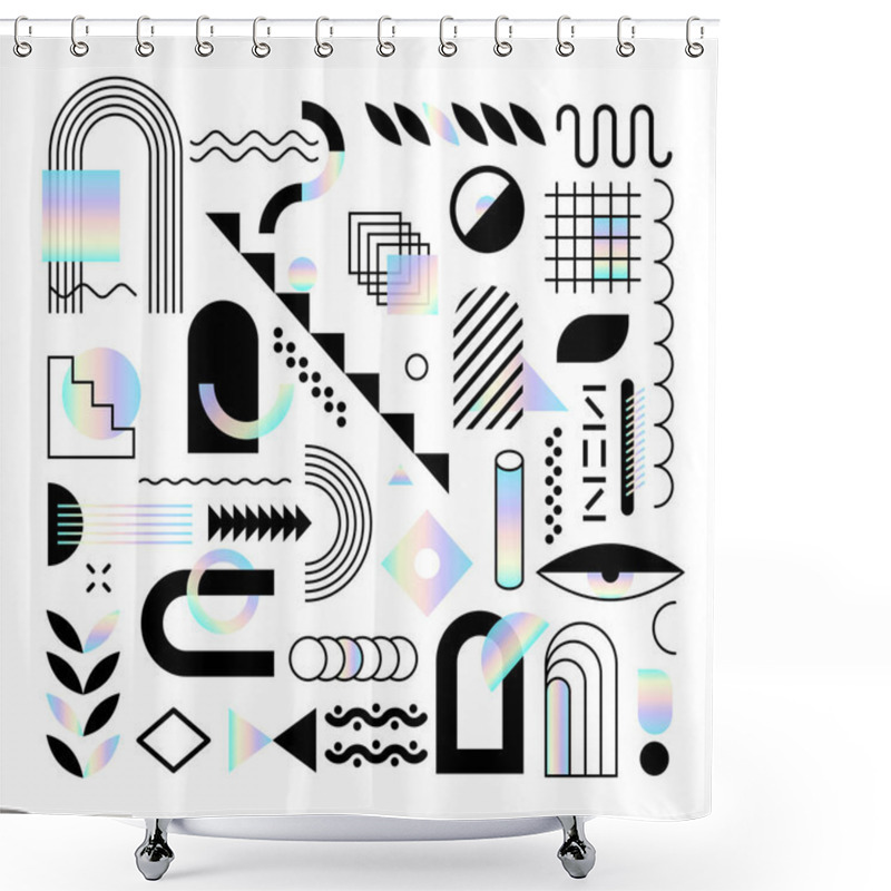 Personality  Set Of Abstract Trendy Design Elements And Shapes With Dispersion Effect. Colorful Rainbow Shapes For Create Placards, Brochures, Retro Art, Posters, Covers And Banners In Memphis And Hipster Style. Shower Curtains